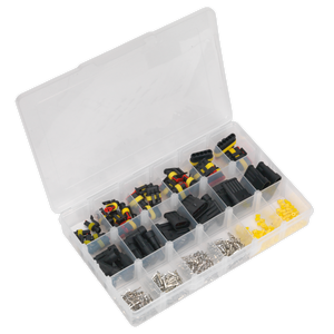 The Sealey Superseal Male & Female Connector Assortment 350pc (SSCSET1) is an organizer box with multiple compartments containing a variety of electrical connectors and metal components. The kit is open, revealing the items neatly arranged in separate sections to accommodate different cable sizes.