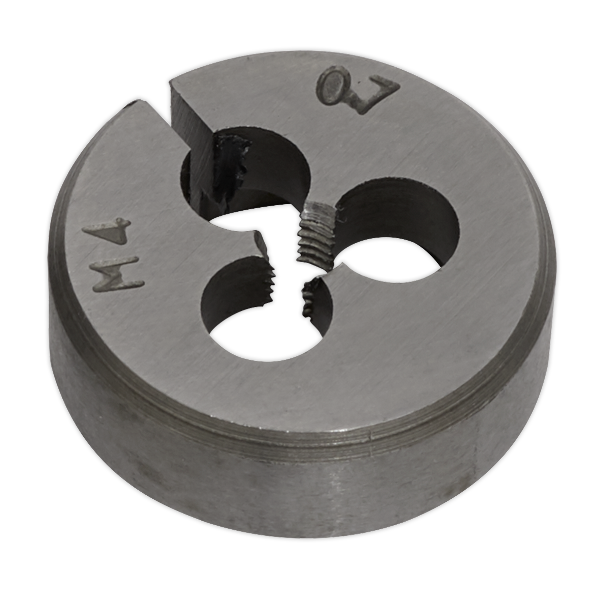 The Split Die M4 x 0.7mm - SSDM4 by Sealey is made from high-quality steel, featuring three holes and engraved markings. It is precision-engineered for reliable performance.