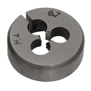 The Split Die M4 x 0.7mm - SSDM4 by Sealey is made from high-quality steel, featuring three holes and engraved markings. It is precision-engineered for reliable performance.