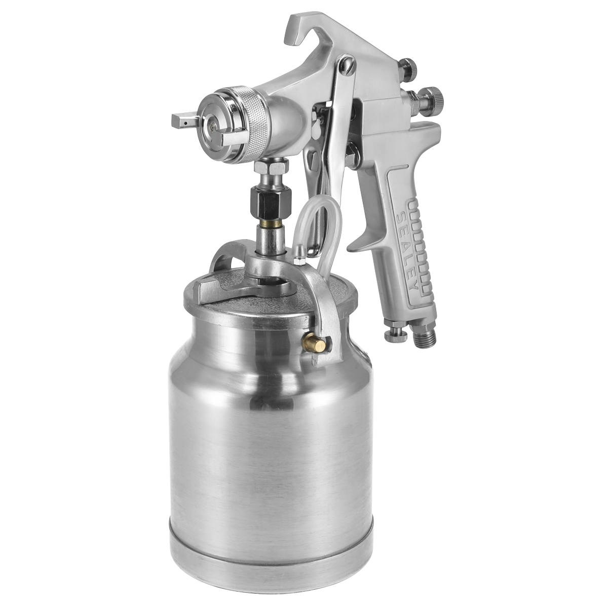 The Sealey Spray Gun Suction Workshop Series - 1.8mm Set-Up (SSG1) is a stainless steel spray gun with a pressure pot attached, ideal for applying finishing coats or handling water-based paints in painting or coating applications.