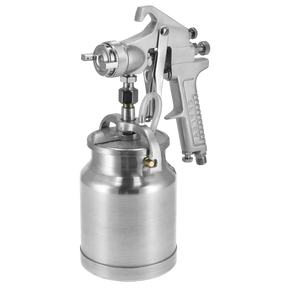 The Sealey Spray Gun Suction Workshop Series - 1.8mm Set-Up (SSG1) is a stainless steel spray gun with a pressure pot attached, ideal for applying finishing coats or handling water-based paints in painting or coating applications.