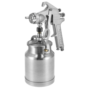 The Sealey Spray Gun Suction Workshop Series - 1.8mm Set-Up (SSG1) is a stainless steel spray gun with a pressure pot attached, ideal for applying finishing coats or handling water-based paints in painting or coating applications.