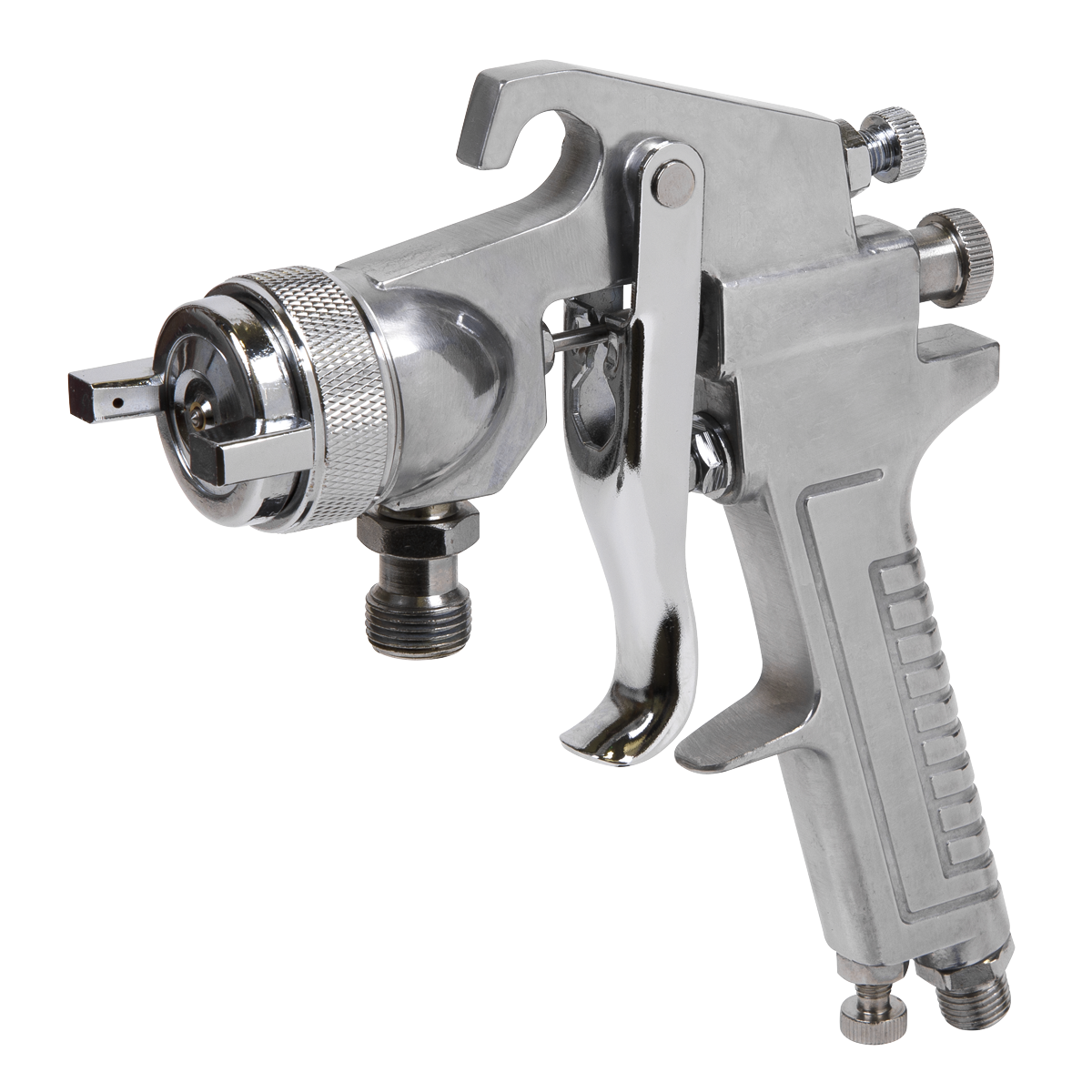 A close-up view of the Sealey 1.8mm Set-Up Spray Gun for SSG1P - SSG1P/1, featuring various knobs and dials for adjustable settings, including a fluid hose input connector for seamless operation.