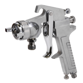 A close-up view of the Sealey 1.8mm Set-Up Spray Gun for SSG1P - SSG1P/1, featuring various knobs and dials for adjustable settings, including a fluid hose input connector for seamless operation.
