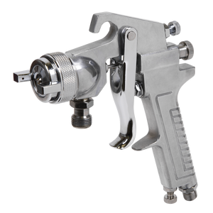 A close-up view of the Sealey 1.8mm Set-Up Spray Gun for SSG1P - SSG1P/1, featuring various knobs and dials for adjustable settings, including a fluid hose input connector for seamless operation.