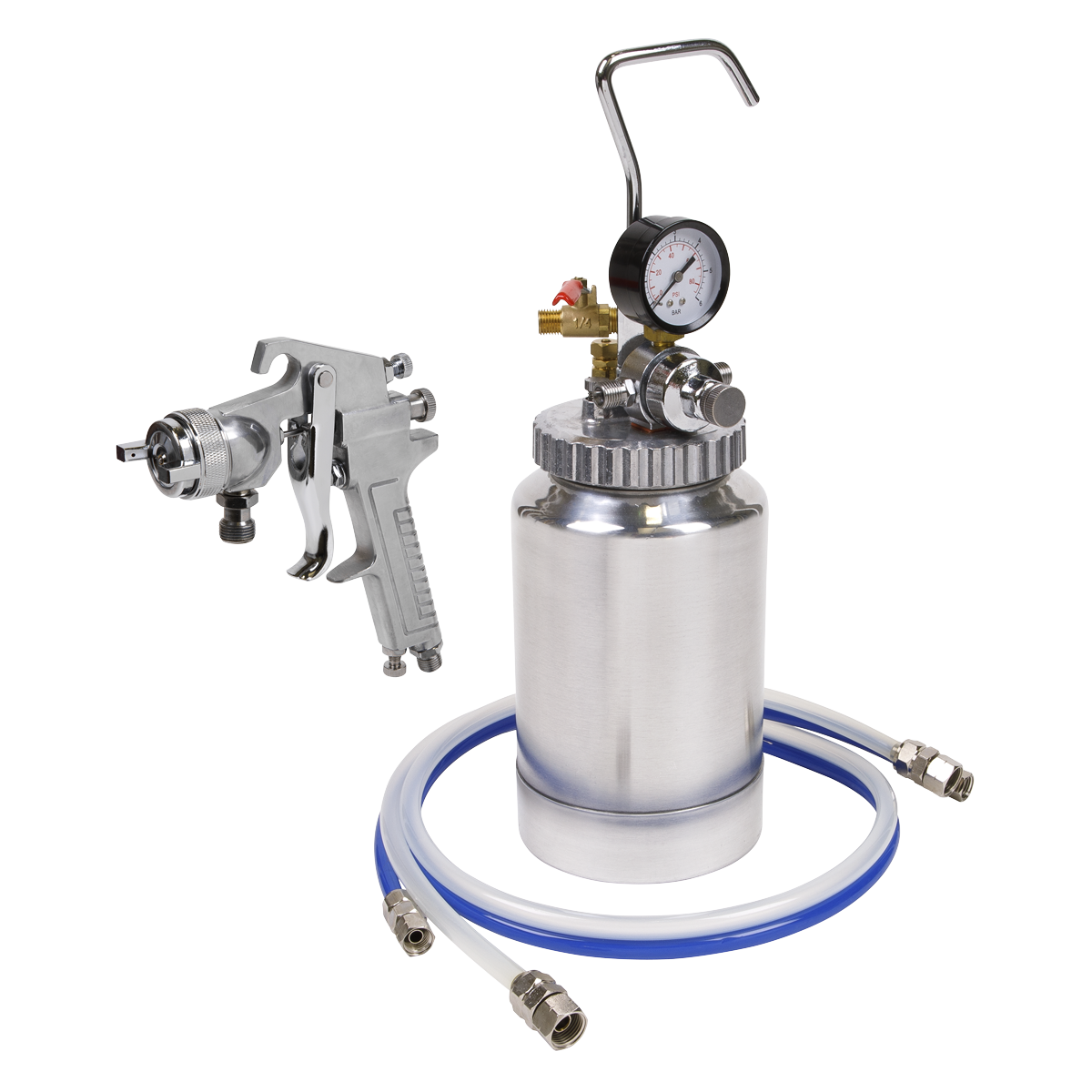 A Sealey Pressure Pot System with Spray Gun & Hoses 1.8mm Set-Up (SSG1P), featuring a high capacity pressure pot equipped with a gauge and attached hoses, designed for use with water-based paints.