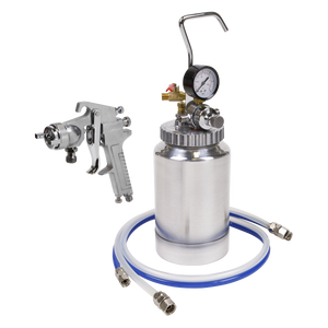 A Sealey Pressure Pot System with Spray Gun & Hoses 1.8mm Set-Up (SSG1P), featuring a high capacity pressure pot equipped with a gauge and attached hoses, designed for use with water-based paints.