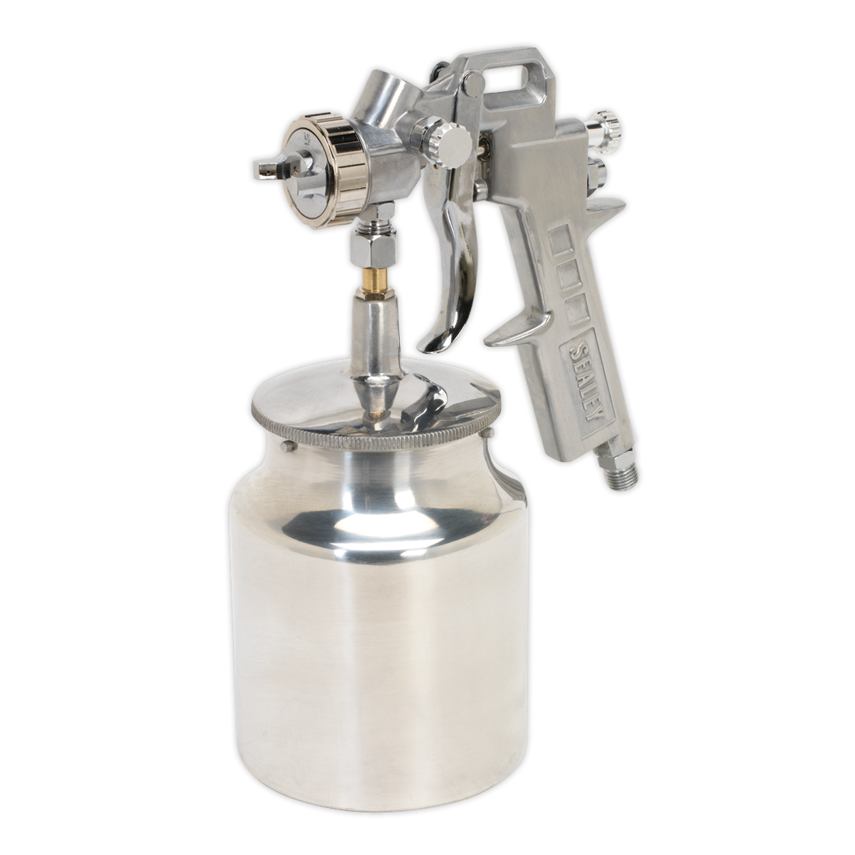 The Sealey Spray Gun Suction Feed General-Purpose - 1.5mm Set-Up (SSG2) is a metallic spray gun equipped with an aluminium suction feed pot and a cylindrical paint cup at the bottom, providing adjustable paint flow for precision when using water-based paints.