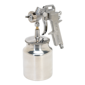 The Sealey Spray Gun Suction Feed General-Purpose - 1.5mm Set-Up (SSG2) is a metallic spray gun equipped with an aluminium suction feed pot and a cylindrical paint cup at the bottom, providing adjustable paint flow for precision when using water-based paints.