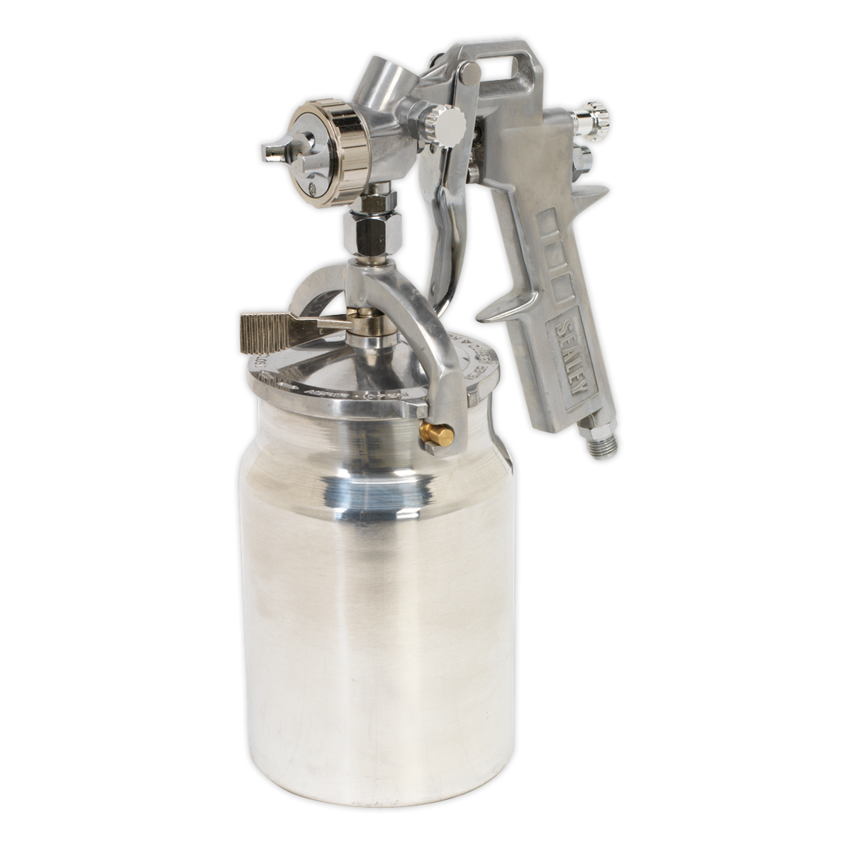 The Sealey Spray Gun Suction Feed - 1.5mm Set-Up (SSG401) features a metallic design, an attached cylindrical container, and adjustable paint flow.