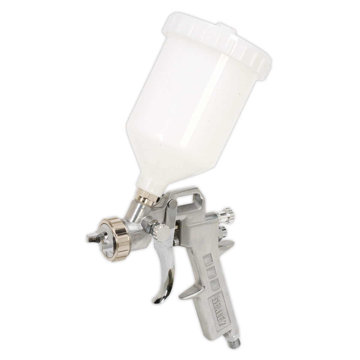 The Sealey Spray Gun Gravity Feed 2.2mm Set-Up (SSG501) is a metallic paint spray gun equipped with a top-mounted white plastic paint container designed for water-based paints and an adjustable paint flow system.