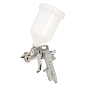 The Sealey Spray Gun Gravity Feed 2.2mm Set-Up (SSG501) is a metallic paint spray gun equipped with a top-mounted white plastic paint container designed for water-based paints and an adjustable paint flow system.