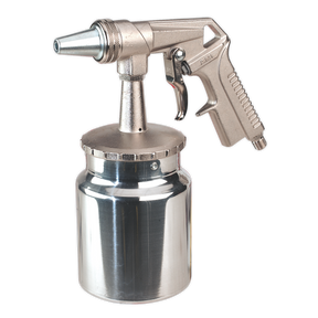 A Sealey Sandblasting Gun with 6mm Nozzle (SSG8) featuring a silver body, handle, and trigger attached to a cylindrical container is shown against a white background, making it ideal for cleaning small areas or efficiently applying abrasives.