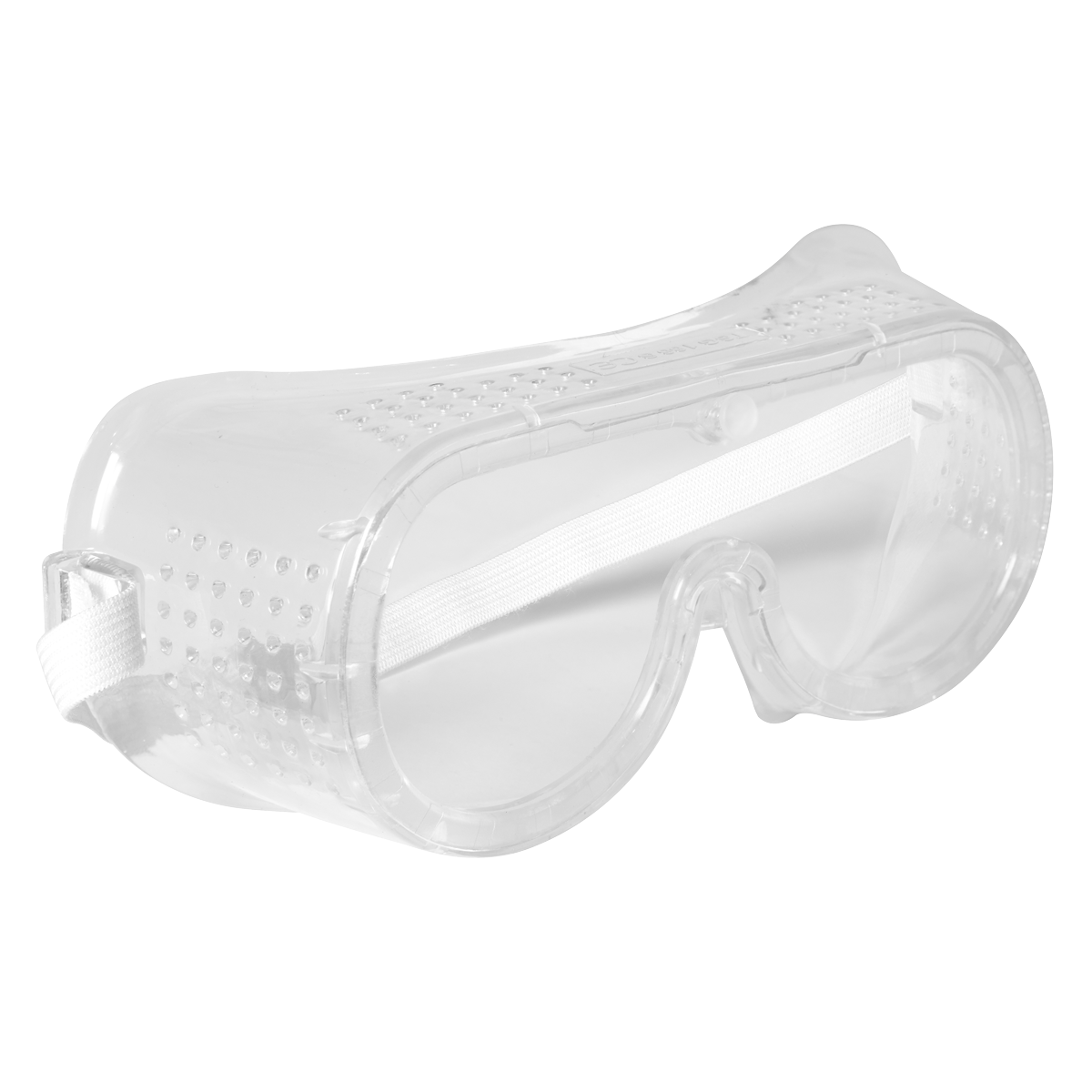 The Sealey Safety Goggles Direct Vent - SSP1 feature a durable goggle frame and white elastic strap, providing direct ventilation and clear polycarbonate safety lenses to protect eyes from debris or chemicals.