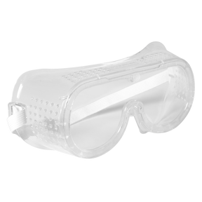 The Sealey Safety Goggles Direct Vent - SSP1 feature a durable goggle frame and white elastic strap, providing direct ventilation and clear polycarbonate safety lenses to protect eyes from debris or chemicals.