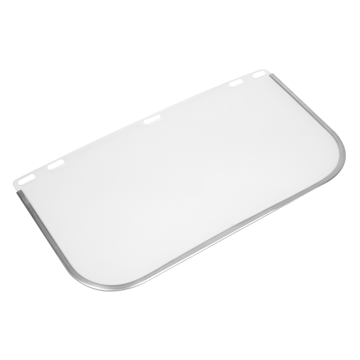 The Replacement Visor for SSP10E - SSP10E/R by Sealey is a rectangular transparent protective face shield with a metal rim and a brow guard, featuring multiple holes at the top for attachment.