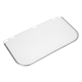 The Replacement Visor for SSP10E - SSP10E/R by Sealey is a rectangular transparent protective face shield with a metal rim and a brow guard, featuring multiple holes at the top for attachment.
