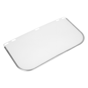 The Replacement Visor for SSP10E - SSP10E/R by Sealey is a rectangular transparent protective face shield with a metal rim and a brow guard, featuring multiple holes at the top for attachment.