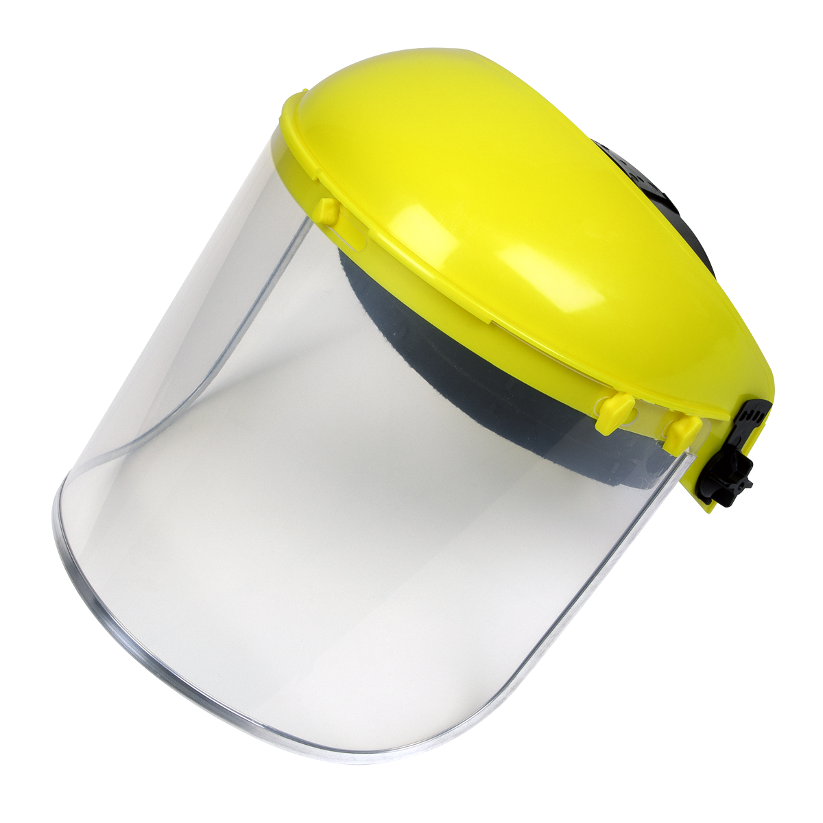 The Sealey Brow Guard with Full Face Shield - SSP10E features a clear plastic face shield, a yellow top, and a black adjustable headband, making it ideal for industrial applications.