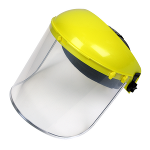 The Sealey Brow Guard with Full Face Shield - SSP10E features a clear plastic face shield, a yellow top, and a black adjustable headband, making it ideal for industrial applications.