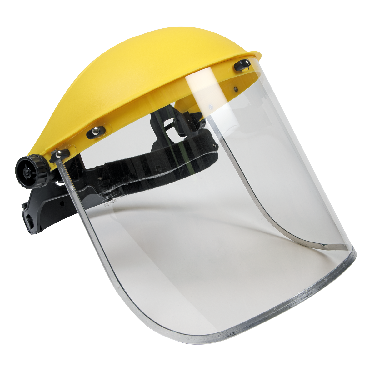 The Sealey Brow Guard & Full Face Shield - SSP11E is a clear plastic face shield with a yellow top and a black adjustable headband, meeting BS EN 166 standards for eye protection and designed with Optical Class 1 clarity, making it ideal for both automotive work and general safety.