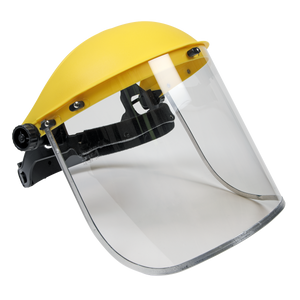 The Sealey Brow Guard & Full Face Shield - SSP11E is a clear plastic face shield with a yellow top and a black adjustable headband, meeting BS EN 166 standards for eye protection and designed with Optical Class 1 clarity, making it ideal for both automotive work and general safety.