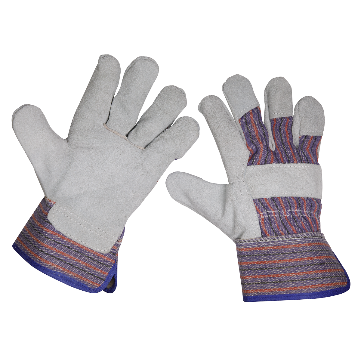 A pack of six pairs of Sealey Rigger's Gloves - SSP12/6, featuring beige work gloves with striped cuffs, with one glove facing palm up and the other palm down. These gloves are ideal for general purpose trade use and comply with BS EN 21420:2020 standards for safety and comfort.