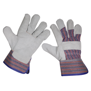 A pack of six pairs of Sealey Rigger's Gloves - SSP12/6, featuring beige work gloves with striped cuffs, with one glove facing palm up and the other palm down. These gloves are ideal for general purpose trade use and comply with BS EN 21420:2020 standards for safety and comfort.