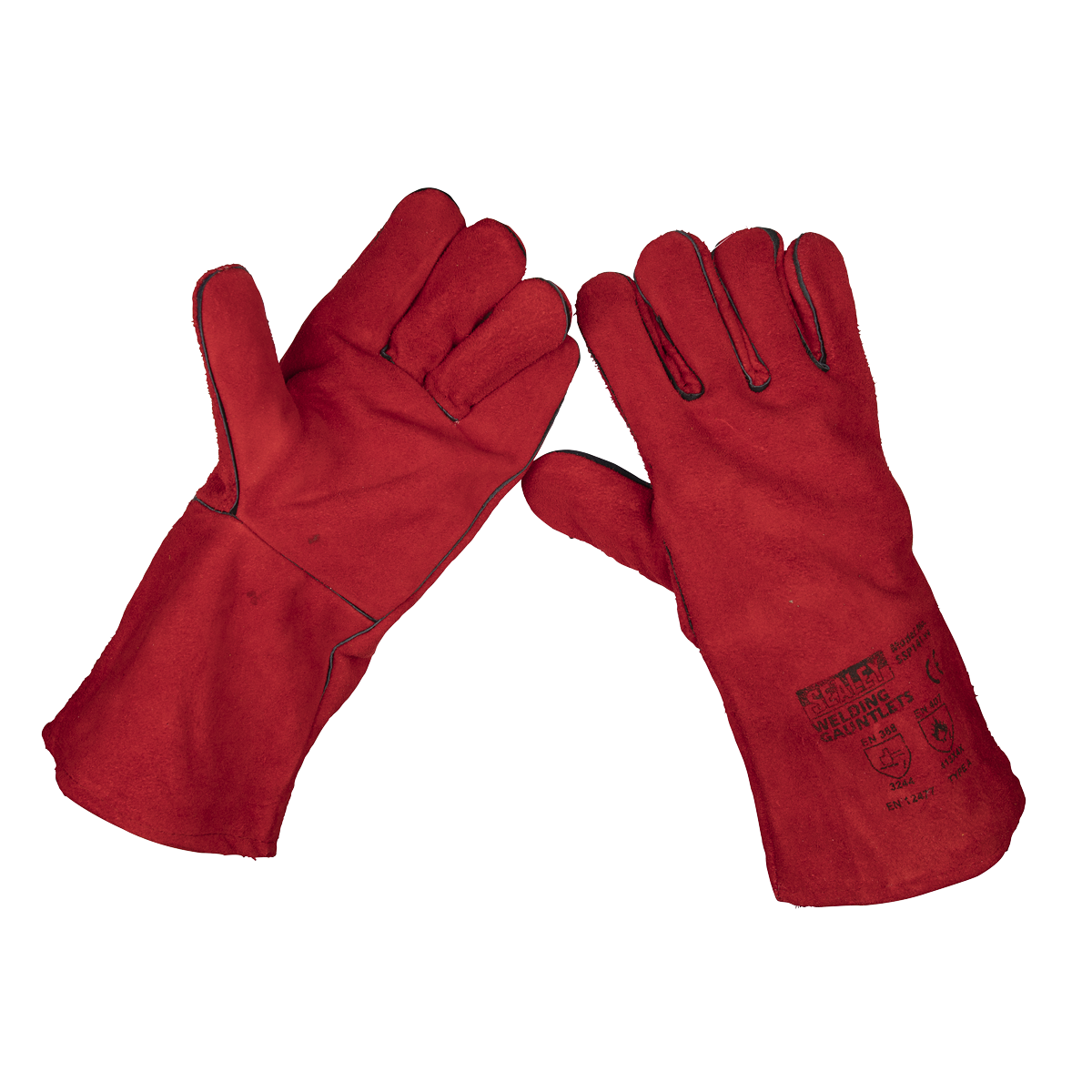 The Leather Welding Gauntlets Lined Pair - SSP141 by Sealey are designed for professional welders, showing both the palm and back sides. These robust red gauntlets feature printed text and symbols on the back, ensuring maximum protection and durability.