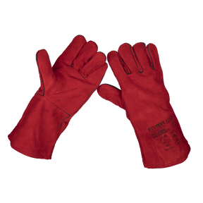 The Leather Welding Gauntlets Lined Pair - SSP141 by Sealey are designed for professional welders, showing both the palm and back sides. These robust red gauntlets feature printed text and symbols on the back, ensuring maximum protection and durability.