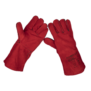 The Leather Welding Gauntlets Lined Pair - SSP141 by Sealey are designed for professional welders, showing both the palm and back sides. These robust red gauntlets feature printed text and symbols on the back, ensuring maximum protection and durability.