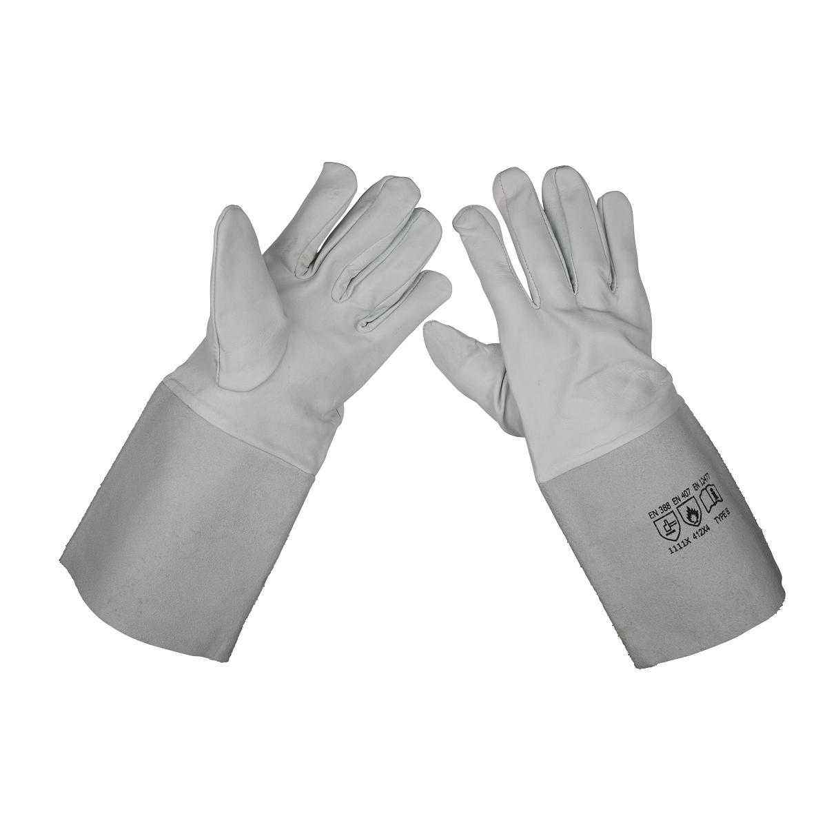 Pair of Sealey TIG Welding Gauntlets - SSP142 with long, durable cow leather cuffs, laid flat with palms facing up. Suitable for TIG welding and compliant with BS EN 388 standards.