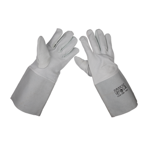 Pair of Sealey TIG Welding Gauntlets - SSP142 with long, durable cow leather cuffs, laid flat with palms facing up. Suitable for TIG welding and compliant with BS EN 388 standards.