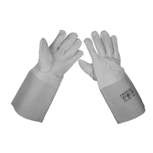 Pair of Sealey TIG Welding Gauntlets - SSP142 with long, durable cow leather cuffs, laid flat with palms facing up. Suitable for TIG welding and compliant with BS EN 388 standards.