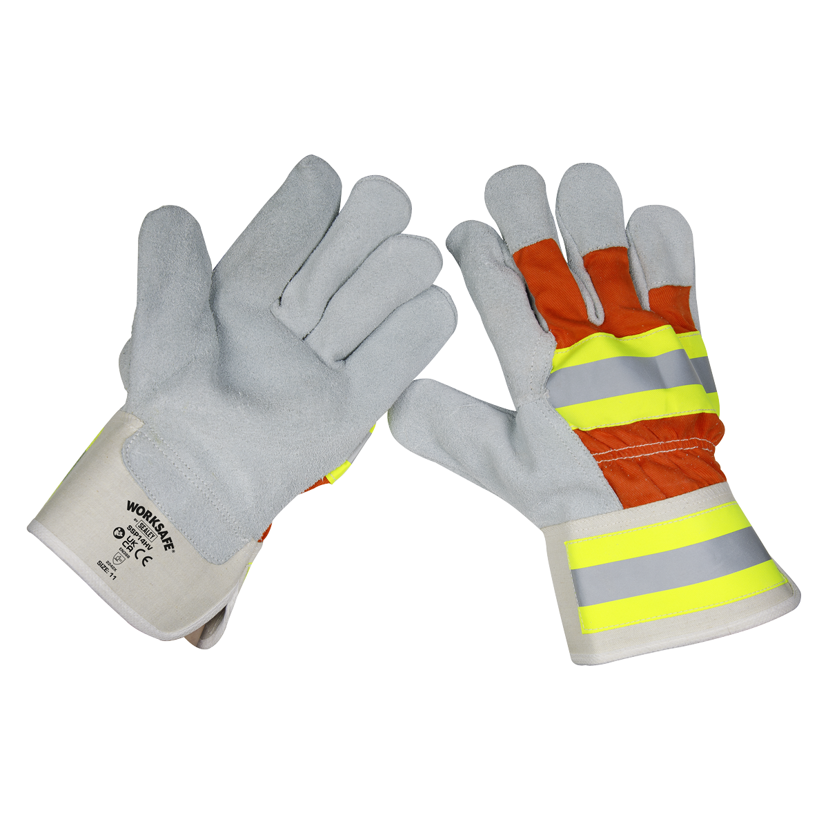 The Reflective Rigger's Gloves Pack of 6 Pairs - SSP14HV/6 by Sealey feature grey suede palms and orange fabric backs, enhanced with reflective yellow and silver stripes for increased visibility. They also come with white cuffs detailed with text and symbols. Designed to meet BS EN 21420:2020 standards, these gloves are perfect for heavy trade use.