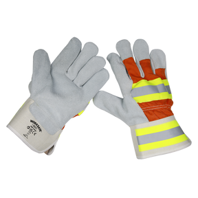 The Reflective Rigger's Gloves Pack of 6 Pairs - SSP14HV/6 by Sealey feature grey suede palms and orange fabric backs, enhanced with reflective yellow and silver stripes for increased visibility. They also come with white cuffs detailed with text and symbols. Designed to meet BS EN 21420:2020 standards, these gloves are perfect for heavy trade use.