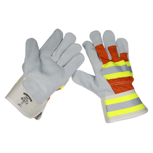 The Reflective Rigger's Gloves Pack of 6 Pairs - SSP14HV/6 by Sealey feature grey suede palms and orange fabric backs, enhanced with reflective yellow and silver stripes for increased visibility. They also come with white cuffs detailed with text and symbols. Designed to meet BS EN 21420:2020 standards, these gloves are perfect for heavy trade use.