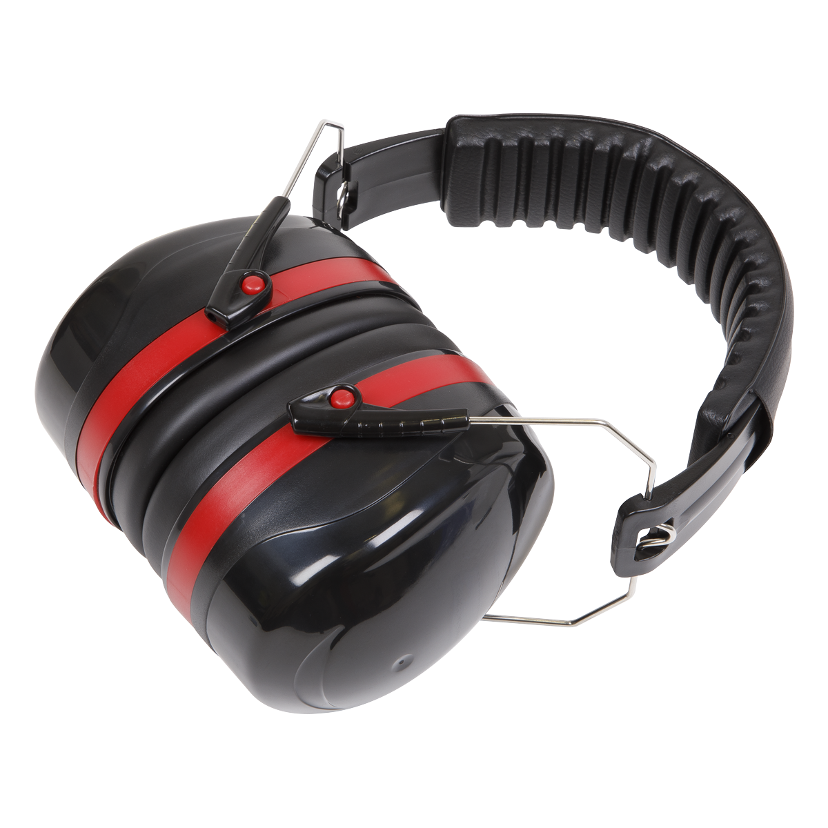 The Deluxe Ear Defenders - Folding - SSP19F by Sealey are black and red noise-cancelling ear muffs featuring a padded headband, adjustable metal supports, and adjustable ear cups for optimal hearing protection in high noise levels.