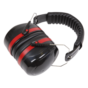 The Deluxe Ear Defenders - Folding - SSP19F by Sealey are black and red noise-cancelling ear muffs featuring a padded headband, adjustable metal supports, and adjustable ear cups for optimal hearing protection in high noise levels.