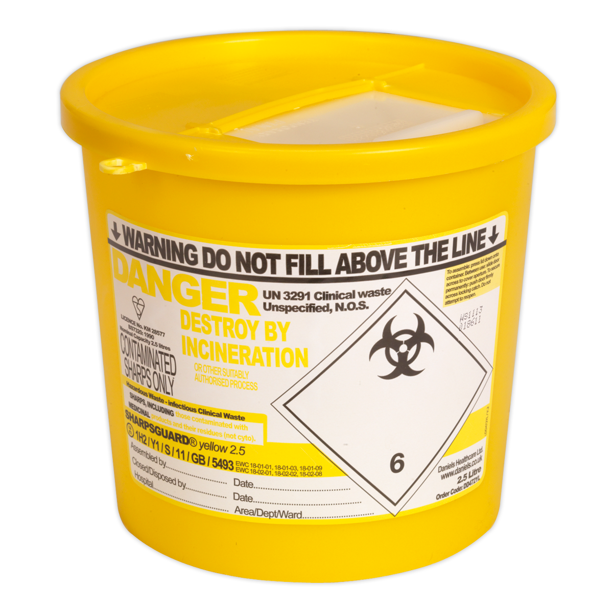 The Sealey Sharps Bin 2.5L - SSP250 is a yellow container featuring a biohazard symbol and warnings for the safe disposal of clinical waste via incineration.