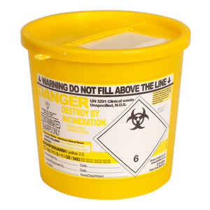 The Sealey Sharps Bin 2.5L - SSP250 is a yellow container featuring a biohazard symbol and warnings for the safe disposal of clinical waste via incineration.