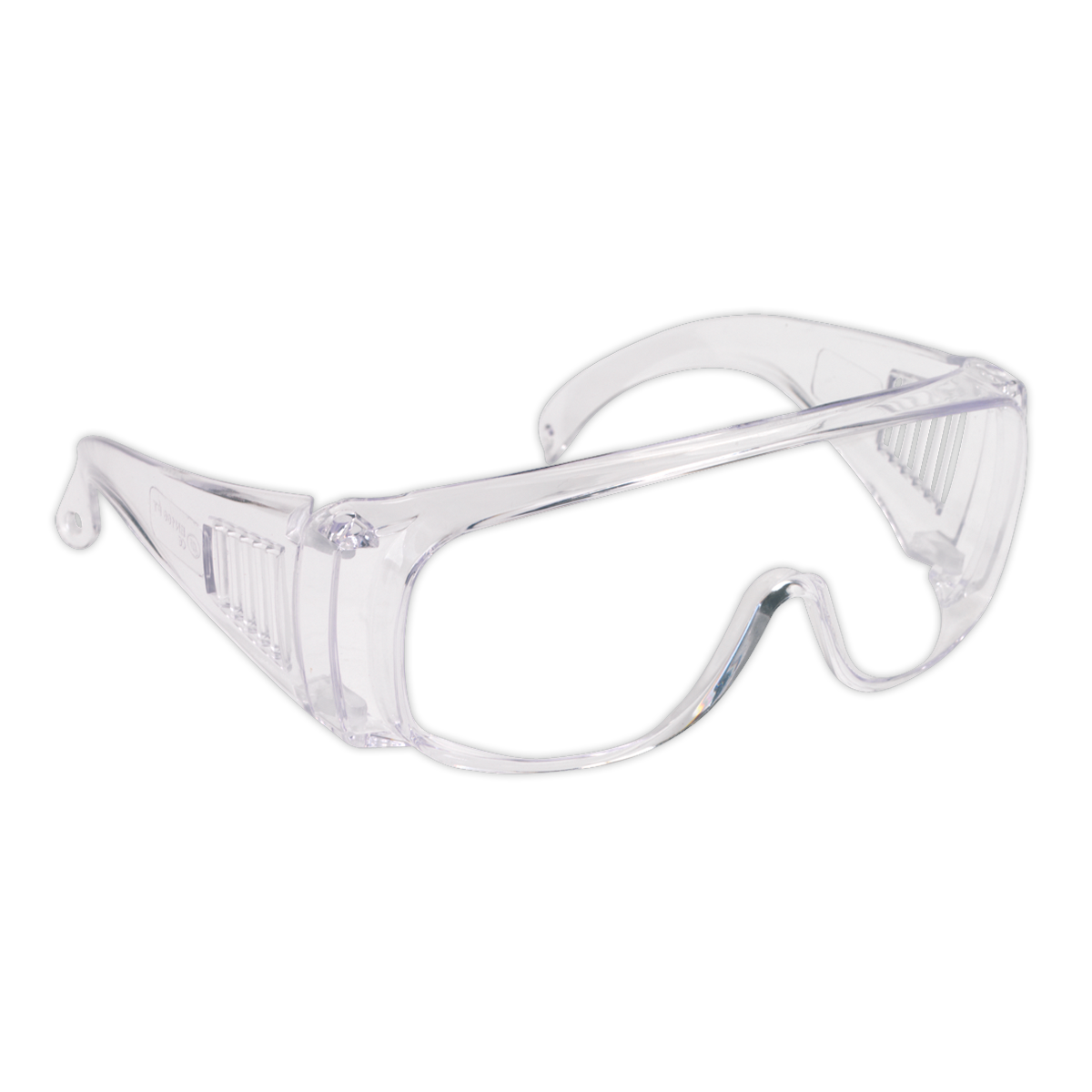 The Sealey Safety Spectacles BS EN 166/F - SSP29 feature a wrap-around design, side vents, and an adjustable nose piece. These lightweight goggles meet BS EN 166/F standards.