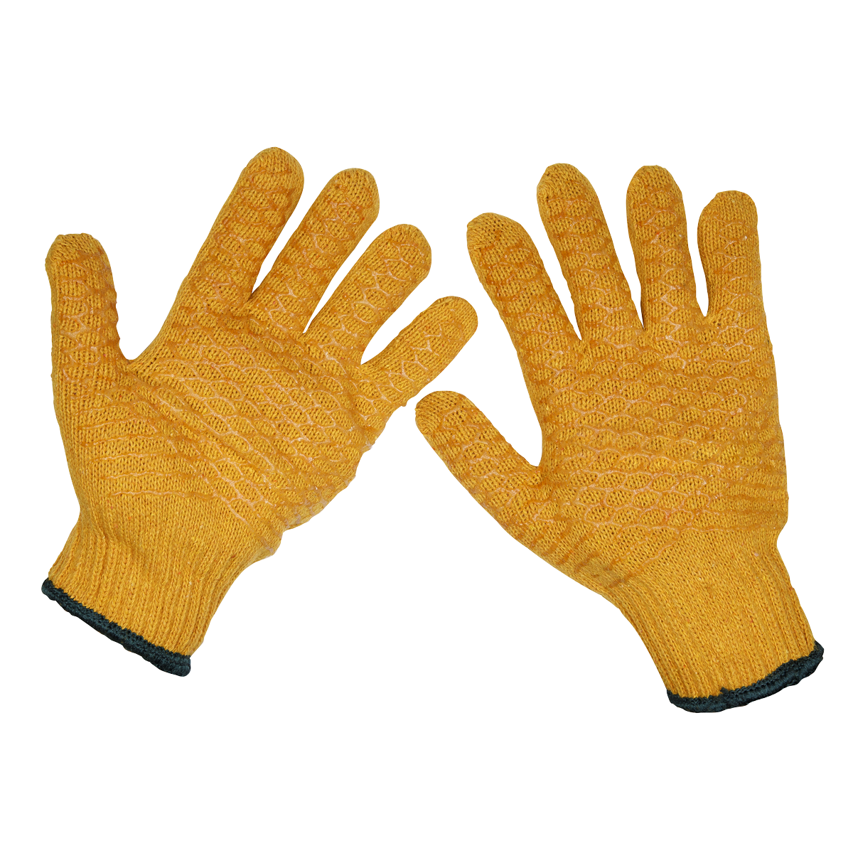 Two Anti-Slip Handling Gloves (X-Large) by Sealey (SSP33/12), featuring yellow spun nylon with black cuffs and an interlocking criss-cross coating, laid flat side by side, perfect for handling cartons.