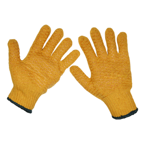 Two Anti-Slip Handling Gloves (X-Large) by Sealey (SSP33/12), featuring yellow spun nylon with black cuffs and an interlocking criss-cross coating, laid flat side by side, perfect for handling cartons.