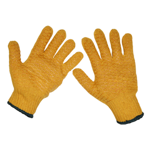 Two Anti-Slip Handling Gloves (X-Large) by Sealey (SSP33/12), featuring yellow spun nylon with black cuffs and an interlocking criss-cross coating, laid flat side by side, perfect for handling cartons.