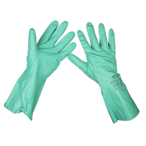 A pair of the Sealey Nitrile Gauntlets for use with Thinners 355mm Cuffed (SSP34) in a teal color is arranged with one glove facing palm up and the other palm down, displaying text and symbols on one CE Marked glove.