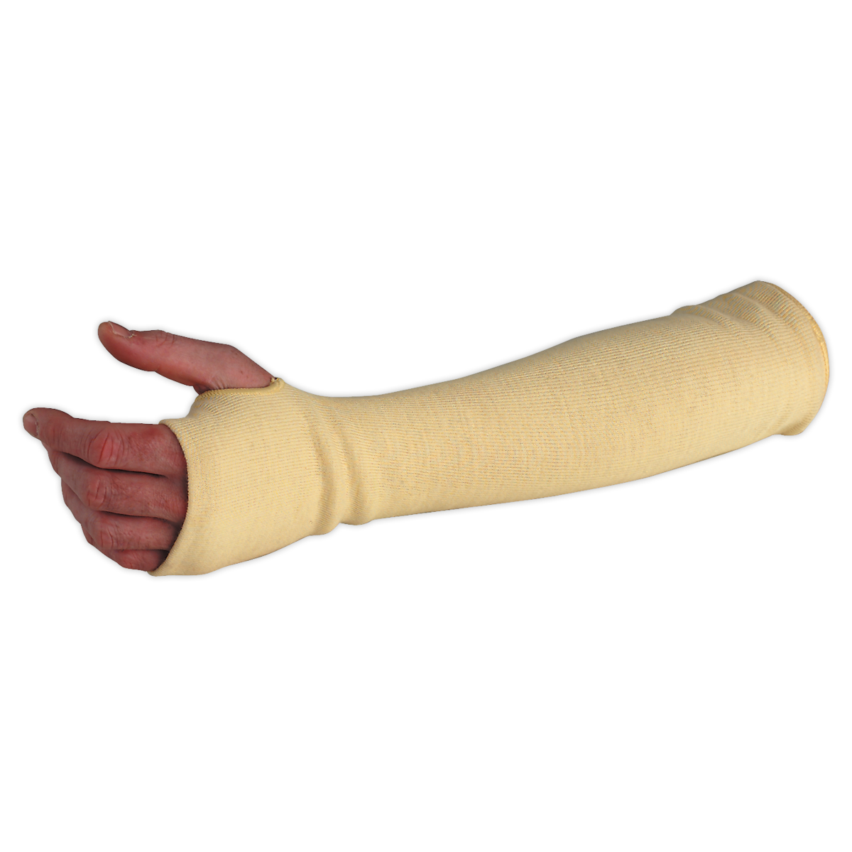 A person's arm in a yellow Sealey Kevlar® Hot Sleeve 460mm - SSP37, extending from the hand to above the elbow, offering cut-resistant protection ideal for working in an engine bay.