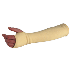 A person's arm in a yellow Sealey Kevlar® Hot Sleeve 460mm - SSP37, extending from the hand to above the elbow, offering cut-resistant protection ideal for working in an engine bay.