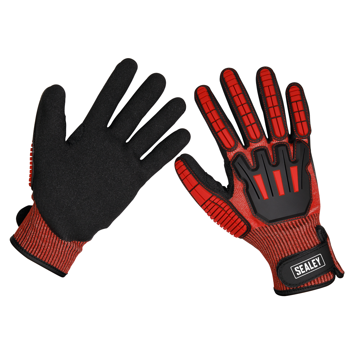 A pair of Sealey Cut & Impact Resistant Gloves - Large (SSP38L) featuring a red and black design with reinforced knuckles and padded palms. Enhanced with an anti-slip coating, these gloves also include adjustable wrist straps and display the "Sealey" brand label on one glove.