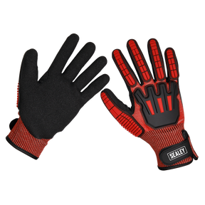 A pair of Sealey Cut & Impact Resistant Gloves - Large (SSP38L) featuring a red and black design with reinforced knuckles and padded palms. Enhanced with an anti-slip coating, these gloves also include adjustable wrist straps and display the "Sealey" brand label on one glove.